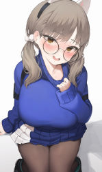1girl absurdres blue_archive blue_sweater blush breasts brown_eyes brown_hair brown_pantyhose glasses hairband highres large_breasts long_hair long_sleeves looking_at_viewer low_twintails mochirong moe_(blue_archive) open_mouth pantyhose smile solo sweater twintails rating:Sensitive score:54 user:buster2222