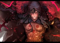1boy abs absurdres bare_pectorals blue_hair bodypaint cape cu_chulainn_(fate) cu_chulainn_(fate)_(all) cu_chulainn_(fate/stay_night) cu_chulainn_alter_(fate) cu_chulainn_alter_(fate/grand_order) cu_chulainn_alter_(third_ascension)_(fate) dark_blue_hair dark_persona earrings facepaint fate/grand_order fate_(series) fur gae_bolg_(fate) grin hair_strand harutask highres holding holding_polearm holding_weapon hood hood_up jewelry lancer long_hair looking_at_viewer male_focus monster_boy muscular pectorals polearm ponytail red_eyes sharp_teeth smile solo spikes teeth topless_male type-moon weapon rating:Sensitive score:7 user:danbooru