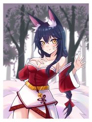  1girl absurdres ahri_(league_of_legends) animal_ears blush breasts cleavage collarbone facial_mark forest fox_ears fox_girl fox_tail hand_on_own_chest highres jerrytz97 korean_clothes large_breasts league_of_legends long_hair looking_at_viewer low_neckline multiple_tails nature outdoors solo tail very_long_hair whisker_markings  rating:Sensitive score:15 user:danbooru