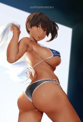 1girl alternate_costume armpits artist_name ass bare_shoulders bikini blue_bikini blue_sky breasts brown_eyes brown_hair butt_crack commentary_request cowboy_shot day hair_between_eyes kaga_(kancolle) kantai_collection large_breasts long_hair o-ring o-ring_bottom parted_lips postcard revision side_ponytail sideboob sky solo standing strap_gap swimsuit towel underboob wa_(genryusui) rating:Sensitive score:65 user:danbooru
