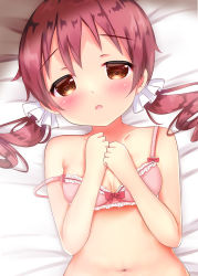  1girl bare_arms bare_shoulders bed_sheet blush bow bow_bra bra breasts brown_eyes collarbone commentary_request dutch_angle gochuumon_wa_usagi_desu_ka? hands_up long_hair looking_at_viewer low_twintails lying natsu_megumi navel on_back parted_lips pink_bra red_hair rikatan ringlets small_breasts solo twintails underwear underwear_only  rating:Sensitive score:36 user:danbooru