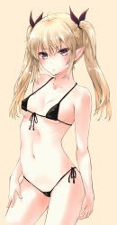  1girl absurdres ahoge armpit_crease bare_arms bare_shoulders bikini black_bikini black_eyes blonde_hair breasts collarbone cowboy_shot front-tie_bikini front-tie_top hair_ribbon hand_on_own_thigh highres long_hair looking_at_viewer makita_yoshiharu navel original pointy_ears pout ribbon side-tie_bikini sidelocks simple_background small_breasts solo standing stomach string_bikini sweat swimsuit thighs twintails v-shaped_eyebrows yellow_background 