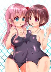  2girls arm_around_waist blue_eyes bow breasts brown_hair chain-link_fence cleavage collarbone covered_navel cowboy_shot day fence hair_bow haramura_nodoka large_breasts light_blush long_hair looking_at_another medium_breasts miyanaga_saki multiple_girls one-piece_swimsuit open_mouth outdoors pink_hair purple_eyes saki_(manga) short_hair smile swimsuit tom_q_(tomtoq) yuri 