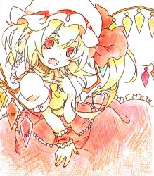  1girl ascot blonde_hair colored_pencil_(medium) dress fang flandre_scarlet hat hat_ribbon looking_at_viewer marker_(medium) mob_cap open_mouth puffy_sleeves red_dress red_eyes ribbon shirt short_sleeves side_ponytail slit_pupils smile solo touhou toutenkou traditional_media wings wrist_cuffs  rating:Sensitive score:4 user:danbooru
