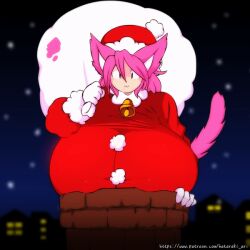  1girl animated animated_gif breasts chimney christmas gigantic_breasts hataraki_ari inconvenient_breasts milkcat santa_costume snowing solo stuck 