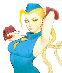  1girl armpits bare_shoulders blonde_hair blue_eyes braid breasts brendon_paes cammy_white fingerless_gloves gloves hat highres large_breasts lips necktie scar scar_on_face sleeveless street_fighter street_fighter_zero_(series) sweat  rating:Sensitive score:2 user:zombiespacial