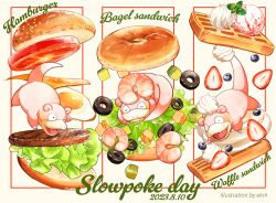  artist_name bagel_sandwich burger closed_eyes creatures_(company) dated ekm english_text falling fangs food food_focus food_name fried_egg fruit game_freak gen_1_pokemon ice_cream in_food lettuce meat mint nintendo no_humans open_mouth outside_border pokemon pokemon_(creature) sandwich sesame_seeds shrimp sleeping sliced_cheese slowpoke strawberry tomato tomato_slice waffle 