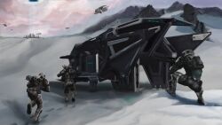 3others aiming aircraft ambiguous_gender building city cloud cloudy_sky commentary day dropship dust_514 energy_gun eve_online flying glowing grey_theme gun helmet highres holding holding_gun holding_weapon multiple_others outdoors photoshop_(medium) science_fiction sky snow soldier spacecraft srsns weapon 