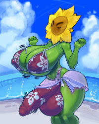  1futa beach bikini bikini_skirt bouncing_breasts breasts bulge closed_eyes cloud covered_erect_nipples curvy erection erection_under_clothes freckles from_side futanari happy highres huge_breasts huge_penis huge_testicles large_nipples mario_(series) monster_girl navel nintendo ocean outdoors penis plant_girl see-through skin_tight sky snao_(asj) standing sunflower_kid super_mario_sunshine swimsuit testicles thick_thighs thighs veins veiny_penis water wide_hips 