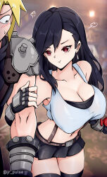 1boy 1girl :i absurdres black_hair black_thighhighs blonde_hair blurry blurry_background breasts cloud_strife crop_top final_fantasy final_fantasy_vii final_fantasy_vii_remake fingerless_gloves gloves highres jrpulse large_breasts locked_arms love_triangle microskirt pout skirt spiked_hair suspender_skirt suspenders tank_top thighhighs thighs tifa_lockhart white_tank_top 