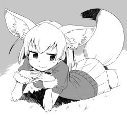  10s animal_ears artist_request cardigan fennec_(kemono_friends) fennec_fox fox_ears fox_girl fox_tail gloves grass hands_together kemono_friends lying monochrome on_stomach skirt smile smirk tagme tail thighhighs  rating:Sensitive score:14 user:Condoriano