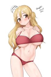 1girl absurdres bikini blonde_hair braid breasts brown_eyes cleavage contrapposto dated french_braid hat highres kantai_collection large_breasts long_hair maru_(marg0613) mini_hat one-hour_drawing_challenge one_side_up red_bikini simple_background solo swimsuit twitter_username wavy_hair white_background white_hat zara_(kancolle)