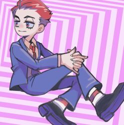  1boy animification collared_shirt formal gerard_way hair_slicked_back highres invisible_chair jacket looking_to_the_side male_focus mimimilook765 my_chemical_romance necktie own_hands_clasped own_hands_together red_eyes red_hair shirt short_hair sitting smile socks solo suit 