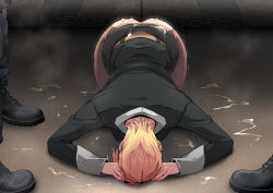 1girl aftersex ass black_suit blonde_hair boots bowing breasts charlemagne_(monsuno) clothes_lift cum cum_on_ass cum_on_floor dogeza floor formal from_above greco_roman_(spiral_brain) highres humiliation legs long_sleeves lying monsuno no_panties out_of_frame pantyhose prostration skirt skirt_lift standing steam suit thighs torn_clothes torn_legwear trembling rating:Explicit score:135 user:Ynyswydryn