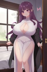  1girl absurdres angry bed bedroom blush breasts cleavage_cutout clothing_cutout coat day fern_(sousou_no_frieren) gabai gabailu hair_ornament highres huge_breasts long_hair pillow pouting purple_eyes purple_hair sousou_no_frieren thighs window 