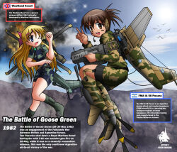 2girls aircraft airplane argentina england english_text helicopter ia-58_pucara mecha_musume multiple_girls propeller vjptox westland_scout