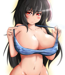  1girl bad_id bad_pixiv_id black_hair blush breasts cleavage covered_erect_nipples curvy grey_hair groin highres hip_focus large_breasts long_hair navel original out-of-frame_censoring red_eyes solo wakagashira wide_hips  rating:Questionable score:40 user:danbooru
