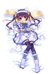 1girl absurdres animal_ears black_thighhighs blush boots brown_hair cat_ears cat_girl dress duji_amo fang female_focus full_body gloves hair_ornament hat highres looking_at_viewer lying on_back original scarf snow snowman solo thighhighs twintails yellow_eyes zettai_ryouiki rating:Sensitive score:18 user:danbooru