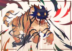  765_nanami absurdres animal_focus blood blood_from_mouth claws dream_tiger_(govy9807) full_body highres inset_border monster no_humans open_mouth original running sharp_teeth simple_background solo teeth tiger tusks yellow_background yellow_eyes 