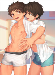 2boys abs blue_boxer_briefs blue_male_underwear blush boxer_briefs brown_eyes brown_hair bulge classroom collarbone cowboy_shot dress_shirt hand_grab hand_on_another&#039;s_hip highres indoors male_focus male_underwear multiple_boys navel nayoshi_(r-744) nipples no_pants open_clothes open_mouth open_shirt original outside_border profile school shirt short_hair short_sleeves spiked_hair standing teeth toned toned_male underwear white_boxer_briefs white_male_underwear white_shirt yaoi rating:Sensitive score:105 user:danbooru