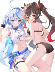  2girls ass bare_shoulders bikini blue_eyes blue_hair blush breasts brown_hair furina_(genshin_impact) genshin_impact highres hu_tao_(genshin_impact) light_blue_hair long_hair looking_at_viewer looking_back multicolored_hair multiple_girls navel open_mouth red_eyes shorts small_breasts smile streaked_hair swimsuit symbol-shaped_pupils thighs tsukise_miwa twintails vision_(genshin_impact) white_hair 