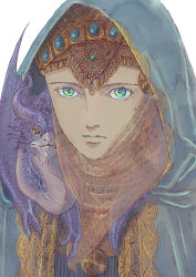  1girl absurdres ajitsuke_nori animal animal_on_shoulder bead_necklace beads blue_cloak blue_gemstone cloak closed_mouth coin_hair_ornament commentary commentary_request crown dragon earrings fangs fangs_out gem green_eyes green_gemstone hair_ornament headgear highres hood hood_up hooded_cloak jewelry looking_at_viewer necklace original pendant portrait see-through simple_background veil western_dragon white_background yellow_eyes 