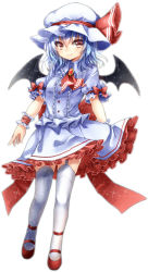  1girl ascot bad_id bad_pixiv_id bat_wings blue_eyes brooch fang female_focus frills full_body garter_straps hat highres jewelry light_smile mary_janes red_eyes remilia_scarlet shoes short_hair simple_background smile solo sparkle thighhighs touhou tsukiriran white_thighhighs wings wrist_cuffs zettai_ryouiki  rating:Sensitive score:6 user:danbooru