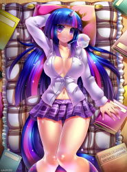 1girl artist_name blue_hair book breasts cleavage covered_erect_nipples emperpep frown horns large_breasts long_hair looking_at_viewer lying multicolored_hair my_little_pony my_little_pony:_friendship_is_magic navel on_back personification pillow pink_hair plaid plaid_skirt purple_eyes purple_hair purple_skirt shiny_skin single_horn skirt solo streaked_hair tail thigh_gap twilight_sparkle rating:Questionable score:97 user:danbooru
