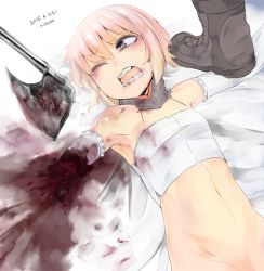  1girl amputation amputee axe blood bottomless dated drooling elbow_gloves gloves guro injury lying on_back one_eye_closed original pink_hair restrained ryona short_hair sigama signature solo_focus tears teeth  rating:Sensitive score:22 user:Dweenie