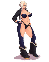  1girl angel_(kof) bad_id bad_pixiv_id bikini bikini_bottom_only black_bikini blue_eyes boots bra breasts chaps covered_erect_nipples cropped_jacket dracul fingerless_gloves gloves hands_on_own_hips highres jacket large_breasts nail_polish navel open_clothes open_jacket parted_bangs perky_breasts puckered_lips short_hair solo strapless strapless_bra swimsuit the_king_of_fighters underwear white_hair  rating:Sensitive score:35 user:danbooru