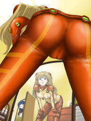  1boy 2girls apple2e arm_support ass ass_focus bed bedroom bent_over blue_eyes blue_hair bodysuit brown_hair cameltoe door evangelion:_2.0_you_can_(not)_advance from_behind from_below hands_on_own_knees ikari_shinji interface_headset katsuragi_misato long_hair low_angle mirror mirror_image multicolored_clothes multiple_girls neon_genesis_evangelion peeking plugsuit rebuild_of_evangelion red_bodysuit reflection see-through see-through_bodysuit shiny_clothes skin_tight smile souryuu_asuka_langley test_plugsuit very_long_hair view_between_legs wide_hips  rating:Questionable score:229 user:danbooru