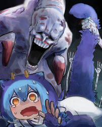  1girl blue_hair crying crying_with_eyes_open dead_hand dragon_tail duel_monster hair_between_eyes hatano_kiyoshi highres holding_another&#039;s_tail laundry_dragonmaid monster nintendo open_mouth reaching reaching_towards_viewer sweatdrop tail tears the_legend_of_zelda the_legend_of_zelda:_ocarina_of_time wide-eyed yu-gi-oh! 