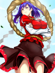  1girl arms_under_breasts blouse breast_hold breasts brown_skirt commentary_request crossed_arms hair_ornament hokkoru large_breasts leaf leaf_hair_ornament long_skirt looking_at_viewer looking_down maple_leaf purple_hair red_eyes red_shirt rope shide shimenawa shirt short_hair skirt solo touhou white_sleeves yasaka_kanako 