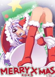  1girl 2023 :d anus ass bent_over boots capelet christmas cleft_of_venus fur-trimmed_boots fur-trimmed_capelet fur-trimmed_headwear fur_trim gloves hat highres holding holding_sack ikkyuu loli long_hair looking_at_viewer merry_christmas naked_capelet open_mouth original purple_eyes pussy red_capelet red_footwear red_gloves red_hat sack santa_hat smile solo thigh_boots 