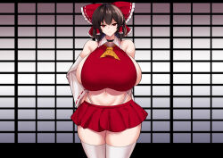  1girl absurdres alternate_breast_size annoyed breasts brown_hair hair_ribbon hakurei_reimu hand_on_own_hip highres huge_breasts japanese_clothes legs looking_at_viewer midriff miko navel red_eyes ribbon sideboob sinkai skirt solo thick_thighs thighs thong touhou  rating:Sensitive score:28 user:spk