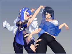  2girls alternate_costume arms_up bandages black_hair black_pants blue_dress blue_hair breasts china_dress chinese_clothes cleavage cosplay costume_switch crossover dress eyeshadow fur-trimmed_jacket fur_trim genshin_impact green_eyes grey_background grin hair_over_one_eye jacket large_breasts little_blood long_sleeves makeup medium_breasts multiple_girls navel nintendo octopus_girl open_mouth pants red_eyes sarashi shiver_(splatoon) shiver_(splatoon)_(cosplay) short_hair sleeveless sleeveless_dress smile solo splatoon_(series) splatoon_3 standing teeth tentacle_hair tentacles white_jacket yelan_(genshin_impact) yelan_(genshin_impact)_(cosplay)  rating:Sensitive score:6 user:RIG