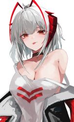  1girl :p absurdres arknights bare_shoulders black_jacket blush breasts cleavage closed_mouth collarbone grey_hair highres horns jacket large_breasts looking_at_viewer medium_hair nekomatamago off_shoulder open_clothes open_jacket red_eyes shirt sidelocks simple_background sleeveless sleeveless_shirt smile solo strap_slip tongue tongue_out two-sided_fabric two-sided_jacket upper_body w_(arknights) white_background white_jacket white_shirt  rating:Sensitive score:9 user:danbooru