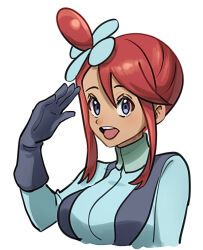  1girl :d aqua_jacket blue_eyes commentary_request creatures_(company) echizen_(n_fns17) game_freak gloves hair_between_eyes hair_ornament hand_up jacket nintendo one_side_up open_mouth pokemon pokemon_bw red_hair sidelocks simple_background skyla_(pokemon) smile solo teeth tongue upper_teeth_only white_background  rating:General score:4 user:danbooru