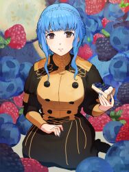  1girl aoisu_ao bags_under_eyes blackberry_(fruit) blue_hair blue_nails blueberry braid brown_eyes buttons cake cake_slice closed_mouth commentary crown_braid fire_emblem fire_emblem:_three_houses food fruit garreg_mach_monastery_uniform highres holding holding_food long_hair looking_at_viewer marianne_von_edmund nail_polish nintendo raspberry sitting solo 