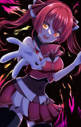  1girl blush breasts cleavage cropped_jacket gloves heterochromia highres hololive houshou_marine houshou_marine_(1st_costume) jacket large_breasts leotard leotard_under_clothes long_hair looking_at_viewer open_mouth red_eyes red_hair red_jacket ribbon ryunosuke0422 sleeveless sleeveless_jacket smile solo twintails virtual_youtuber white_gloves yellow_eyes 