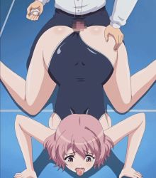  1boy 1girl all_fours ass ass_grab backboob breasts censored clothing_aside doggystyle gakuen_de_jikan_yo_tomare large_breasts one-piece_swimsuit pink_eyes pink_hair saliva sex sex_from_behind short_hair swimsuit swimsuit_aside tagme tongue tongue_out vaginal  rating:Explicit score:93 user:CookieSama
