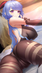  1girl ahoge ass bare_shoulders blue_hair blush bodysuit breasts cameltoe cleft_of_venus elbow_gloves fouriasensei from_behind ganyu_(genshin_impact) genshin_impact gloves highres horns huge_ass large_breasts leotard long_hair looking_at_viewer lying on_stomach pantyhose purple_eyes shiny_clothes shiny_skin sideboob smile solo very_long_hair  rating:Questionable score:86 user:armorcrystal