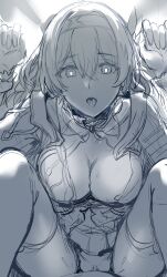  1boy 1girl absurdres breasts bright_pupils firefly_(honkai:_star_rail) greyscale hair_between_eyes hairband hews highres honkai:_star_rail honkai_(series) long_hair looking_at_viewer medium_breasts monochrome nipples open_mouth pov sex solo_focus sweat thighhighs unfinished white_pupils  rating:Explicit score:24 user:danbooru