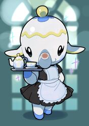  1girl animal_crossing apron black_dress black_eyes bright_pupils closed_mouth commentary_request cup dress elephant_girl frilled_apron frills furry furry_female hand_up highres holding holding_tray kopa_nishikida looking_at_viewer maid maid_apron nintendo saucer short_sleeves smile solo sparkle teacup teapot tia_(animal_crossing) tray white_apron white_pupils 