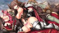  2girls armor arms_behind_back boots breasts brown_hair censored daiaru defeat forte_(shingeki_no_bahamut) functionally_nude gag gloves goblin goblin_male gold_trim greaves horn_ornament horn_ribbon horns large_breasts mosaic_censoring multiple_girls navel nipples outdoors pink_hair pointy_ears pubic_tattoo pussy red_eyes ribbon shadowverse tattoo thigh_boots thighhighs torn_clothes vaginal  rating:Explicit score:38 user:danbooru