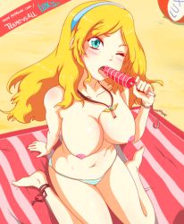  absurdres beach blonde_hair food highres ice_cream league_of_legends licking looking_at_viewer lux_(league_of_legends) nail_polish seiza sitting teemo_vs_all topless wariza  rating:Explicit score:28 user:sishonse