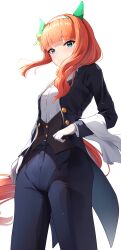  1girl absurdres animal_ears aqua_eyes black_pants butler buttons closed_mouth commentary_request cowboy_shot double-breasted ear_covers ear_ornament gloves hairband highres horse_ears horse_girl horse_tail long_sleeves looking_at_viewer medium_hair orange_hair pants silence_suzuka_(umamusume) simple_background solo sunny_(20597521) tail tailcoat umamusume vest white_background white_gloves white_hairband 