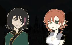  1boy 1girl armor artist_request black_background black_collar black_hair chinese_clothes cleavage_cutout closed_mouth clothing_cutout coat collar frustrated golden_collar green_coat green_eyes green_trenchcoat high_collar highres jnpr lie_ren meme multicolored_hair non-web_source nora_valkyrie orange_hair parody purple_bang purple_eyes purple_hair red_vs_blue rwby serious shirt short_hair simple_background source_request streaked_hair style_parody the_coffin_of_andy_and_leyley trench_coat white_cleavage white_shirt 