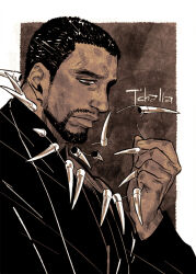  1boy black_panther_(film) brown_theme character_name dark-skinned_male dark_skin formal jewelry long_sideburns looking_down male_focus marvel marvel_cinematic_universe mature_male muni_(fdrk) necklace neckwear_grab short_hair sideburns solo suit t&#039;challa thick_eyebrows thick_lips tooth_necklace upper_body 