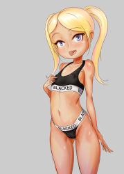  1girl blacked_(meme) blacking_your_waifu blonde_hair english_text flat_chest highres loli meme_attire original solo sports_bra tagme twintails underwear  rating:Questionable score:62 user:thecum1